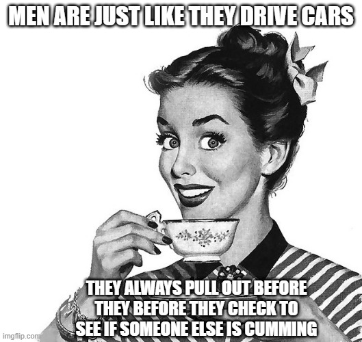 Beep Beep | MEN ARE JUST LIKE THEY DRIVE CARS; THEY ALWAYS PULL OUT BEFORE THEY BEFORE THEY CHECK TO SEE IF SOMEONE ELSE IS CUMMING | image tagged in retro woman teacup | made w/ Imgflip meme maker