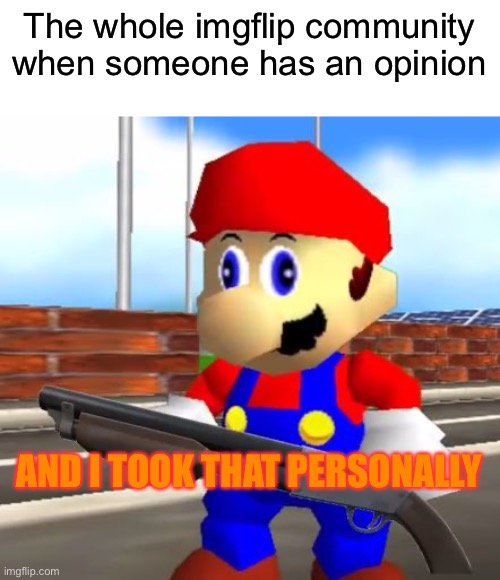 SMG4 Shotgun Mario | The whole imgflip community when someone has an opinion; AND I TOOK THAT PERSONALLY | image tagged in smg4 shotgun mario | made w/ Imgflip meme maker