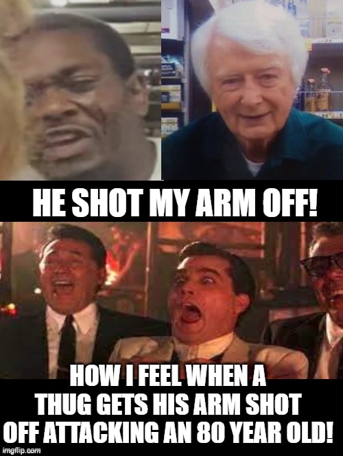 How I feel when a thug gets his arm shot off attacking an 80-year-old! | HE SHOT MY ARM OFF! HOW I FEEL WHEN A THUG GETS HIS ARM SHOT OFF ATTACKING AN 80 YEAR OLD! | image tagged in thuglife,wait a second this is wholesome content,second amendment,goodfellas laughing,time to fap | made w/ Imgflip meme maker