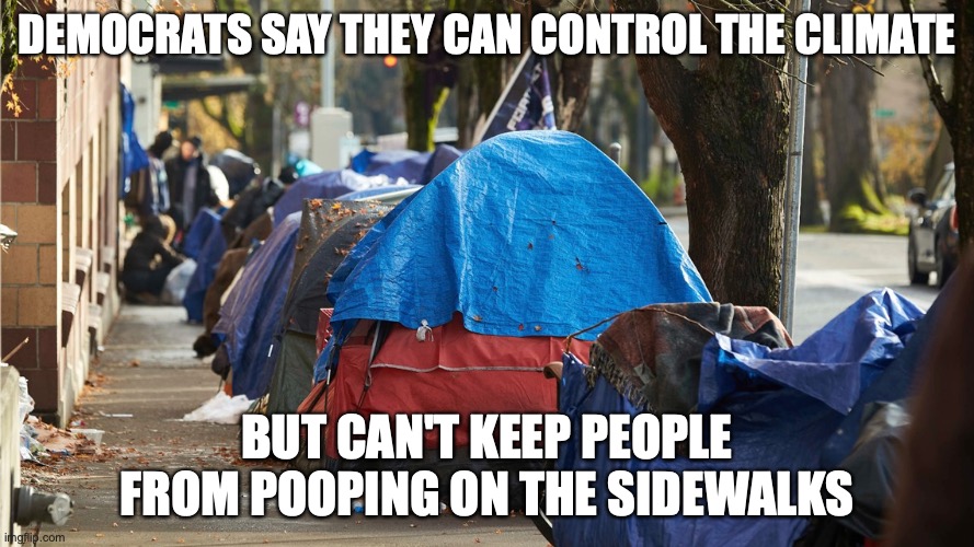 DEMOCRATS SAY THEY CAN CONTROL THE CLIMATE; BUT CAN'T KEEP PEOPLE FROM POOPING ON THE SIDEWALKS | image tagged in homeless,climate change,climate,democrats | made w/ Imgflip meme maker