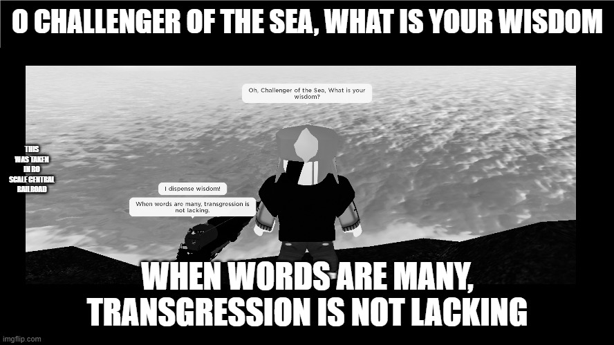 O, challenger! | O CHALLENGER OF THE SEA, WHAT IS YOUR WISDOM; THIS WAS TAKEN IN RO SCALE CENTRAL RAILROAD; WHEN WORDS ARE MANY, TRANSGRESSION IS NOT LACKING | image tagged in funny | made w/ Imgflip meme maker