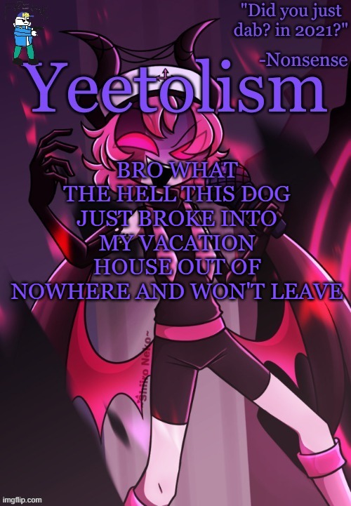 ryan goin berserk ong | BRO WHAT THE HELL THIS DOG JUST BROKE INTO MY VACATION HOUSE OUT OF NOWHERE AND WON'T LEAVE | image tagged in yeetolism temp v3 but with fbi sans | made w/ Imgflip meme maker