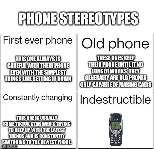 Which one are you? (I'll be more specific about the 4th one in the comments) | PHONE STEREOTYPES; First ever phone; Old phone; THIS ONE ALWAYS IS CAREFUL WITH THEIR PHONE EVEN WITH THE SIMPLEST THINGS LIKE SETTING IT DOWN; THESE ONES KEEP THEIR PHONE UNTIL IT NO LONGER WORKS. THEY GENERALLY ARE OLD PHONES ONLY CAPABLE OF MAKING CALLS; Constantly changing; Indestructible; THIS ONE IS USUALLY SOME TIKTOK STAR WHO'S TRYING TO KEEP UP WITH THE LATEST TRENDS AND IS CONSTANTLY SWITCHING TO THE NEWEST PHONE. | image tagged in memes,tuxedo winnie the pooh,blank comic panel 2x2 | made w/ Imgflip meme maker
