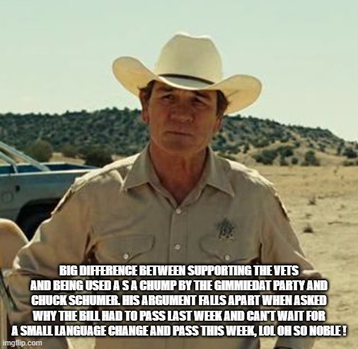 Tommy Lee Jones, No Country.. | BIG DIFFERENCE BETWEEN SUPPORTING THE VETS AND BEING USED A S A CHUMP BY THE GIMMIEDAT PARTY AND CHUCK SCHUMER. HIS ARGUMENT FALLS APART WHE | image tagged in tommy lee jones no country | made w/ Imgflip meme maker