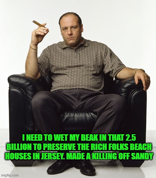 Tony Soprano | I NEED TO WET MY BEAK IN THAT 2.5 BILLION TO PRESERVE THE RICH FOLKS BEACH HOUSES IN JERSEY. MADE A KILLING OFF SANDY | image tagged in tony soprano | made w/ Imgflip meme maker