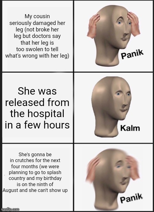 Panik Kalm Panik Meme | My cousin seriously damaged her leg (not broke her leg but doctors say that her leg is too swolen to tell what's wrong with her leg); She was released from the hospital in a few hours; She's gonna be in crutches for the next four months (we were planning to go to splash country and my birthday is on the ninth of August and she can't show up | image tagged in memes,panik kalm panik | made w/ Imgflip meme maker