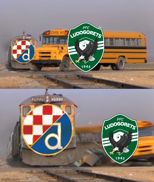 Ludogorets 1-2 Dinamo Zagreb. Bulgarians dominated the match but the Croatian Defence was too strong | image tagged in a train hitting a school bus,champions league,futbol,memes | made w/ Imgflip meme maker