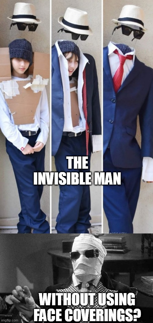 THAT"S HOW YOU DO IT |  THE INVISIBLE MAN; WITHOUT USING FACE COVERINGS? | image tagged in the invisible man,cosplay | made w/ Imgflip meme maker