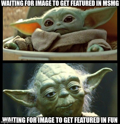 Young old Yoda | WAITING FOR IMAGE TO GET FEATURED IN MSMG; WAITING FOR IMAGE TO GET FEATURED IN FUN | image tagged in star wars yoda,grogu,cute,old,young,waiting skeleton | made w/ Imgflip meme maker