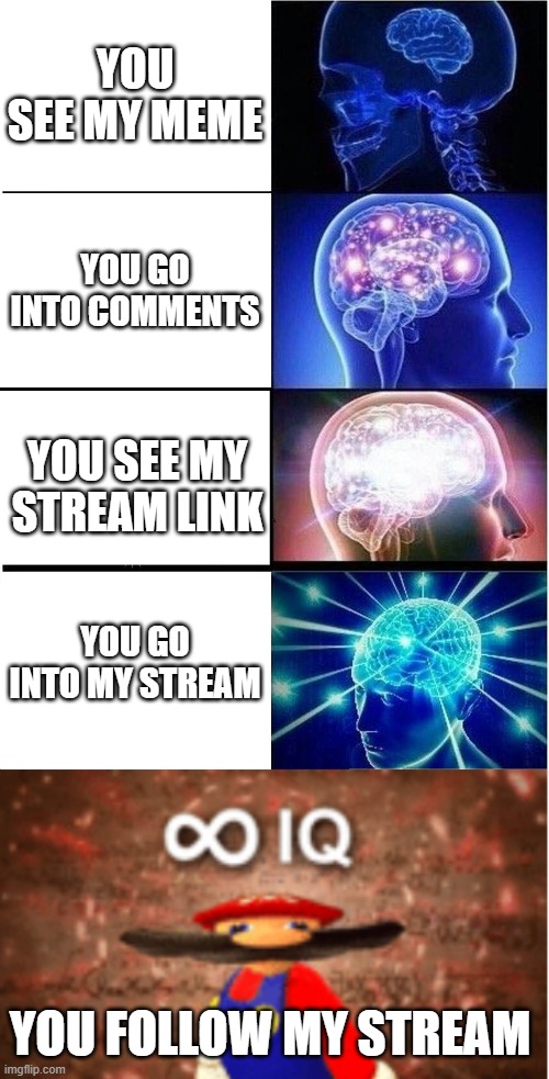 Please |  YOU SEE MY MEME; YOU GO INTO COMMENTS; YOU SEE MY STREAM LINK; YOU GO INTO MY STREAM; YOU FOLLOW MY STREAM | image tagged in memes,expanding brain,infinite iq | made w/ Imgflip meme maker