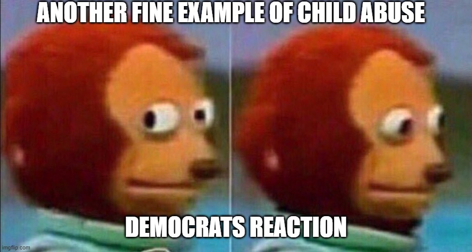 Monkey looking away | ANOTHER FINE EXAMPLE OF CHILD ABUSE DEMOCRATS REACTION | image tagged in monkey looking away | made w/ Imgflip meme maker