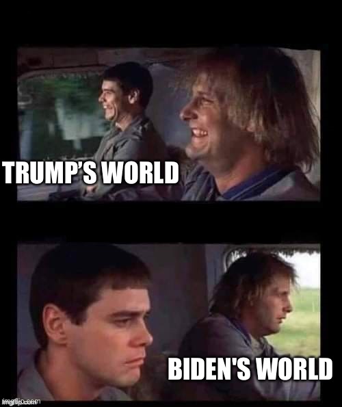 Dumb & Dumber Driving | TRUMP’S WORLD; BIDEN'S WORLD | image tagged in dumb dumber driving,donald trump,joe biden | made w/ Imgflip meme maker