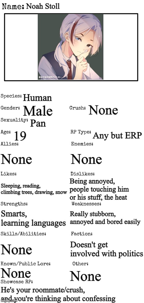 Romance RP, no joke ocs, no bambi, no ERP, no military OCs, and no killing him | Noah Stoll; Human; None; Male; Pan; 19; Any but ERP; None; None; Being annoyed, people touching him or his stuff, the heat; Sleeping, reading, climbing trees, drawing, snow; Really stubborn, annoyed and bored easily; Smarts, learning languages; None; Doesn't get involved with politics; None; None; He's your roommate/crush, and you're thinking about confessing | image tagged in new oc showcase for rp stream | made w/ Imgflip meme maker