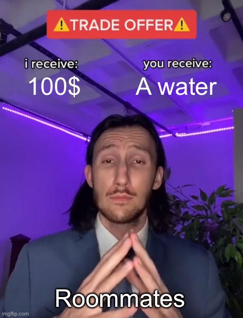 Roommates are evil | 100$; A water; Roommates | image tagged in trade offer | made w/ Imgflip meme maker