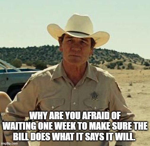 Tommy Lee Jones, No Country.. | WHY ARE YOU AFRAID OF WAITING ONE WEEK TO MAKE SURE THE BILL DOES WHAT IT SAYS IT WILL. | image tagged in tommy lee jones no country | made w/ Imgflip meme maker