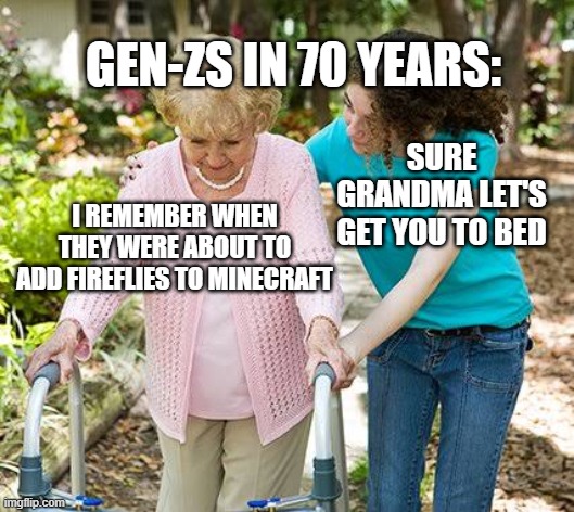 if they even know what minecraft is :( | GEN-ZS IN 70 YEARS:; SURE GRANDMA LET'S GET YOU TO BED; I REMEMBER WHEN THEY WERE ABOUT TO ADD FIREFLIES TO MINECRAFT | image tagged in sure grandma let's get you to bed | made w/ Imgflip meme maker