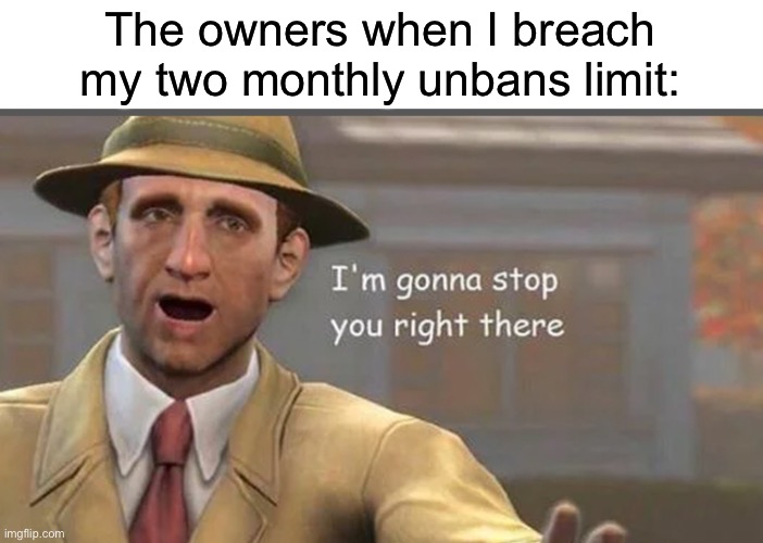 A joke if you will | The owners when I breach my two monthly unbans limit: | image tagged in i m gonna have to stop right there | made w/ Imgflip meme maker
