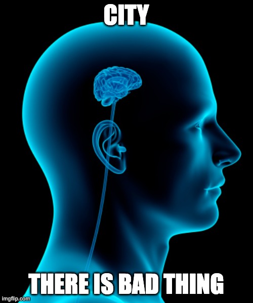 CITY THERE IS BAD THING | image tagged in small brain | made w/ Imgflip meme maker