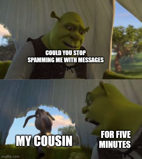 It's true though |  COULD YOU STOP SPAMMING ME WITH MESSAGES; MY COUSIN; FOR FIVE MINUTES | image tagged in could you not ___ for 5 minutes,memes | made w/ Imgflip meme maker