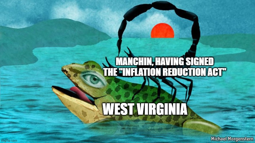 The Scorpion and the Frog | MANCHIN, HAVING SIGNED THE "INFLATION REDUCTION ACT"; WEST VIRGINIA | image tagged in the scorpion and the frog | made w/ Imgflip meme maker
