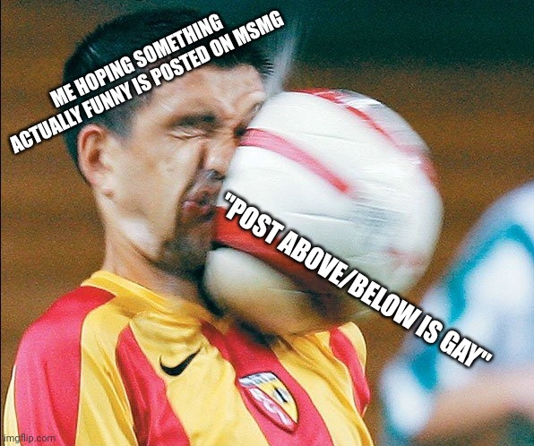 Where's the meme | ME HOPING SOMETHING ACTUALLY FUNNY IS POSTED ON MSMG; "POST ABOVE/BELOW IS GAY" | image tagged in getting hit in the face by a soccer ball | made w/ Imgflip meme maker