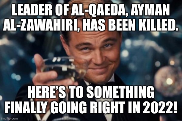 Finally something to be positive about for this year. | LEADER OF AL-QAEDA, AYMAN AL-ZAWAHIRI, HAS BEEN KILLED. HERE’S TO SOMETHING FINALLY GOING RIGHT IN 2022! | image tagged in memes,leonardo dicaprio cheers | made w/ Imgflip meme maker