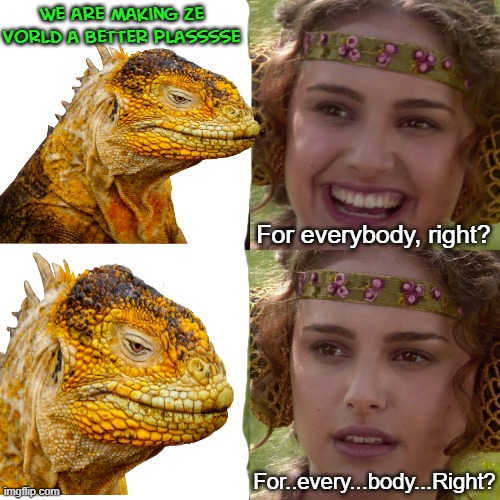 We're all in this together™ | We are making ze vorld a better plasssse; For everybody, right? For..every...body...Right? | image tagged in anakin padme 4 panel | made w/ Imgflip meme maker