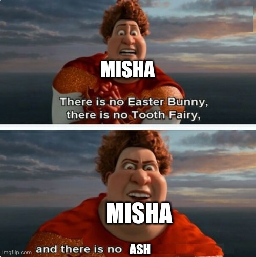 Just my rottmnt talking about my other one | MISHA; MISHA; ASH | image tagged in tighten megamind there is no easter bunny | made w/ Imgflip meme maker