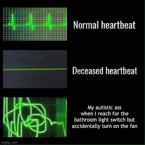 Heart beat meme | My autistic ass when i reach for the bathroom light switch but accidentally turn on the fan | image tagged in heart beat meme | made w/ Imgflip meme maker
