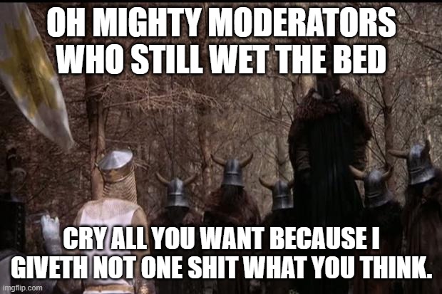 knights who say ni | OH MIGHTY MODERATORS WHO STILL WET THE BED CRY ALL YOU WANT BECAUSE I GIVETH NOT ONE SHIT WHAT YOU THINK. | image tagged in knights who say ni | made w/ Imgflip meme maker