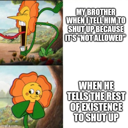 Sunflower | MY BROTHER WHEN I TELL HIM TO SHUT UP BECAUSE IT'S "NOT ALLOWED"; WHEN HE TELLS THE REST OF EXISTENCE TO SHUT UP | image tagged in sunflower | made w/ Imgflip meme maker