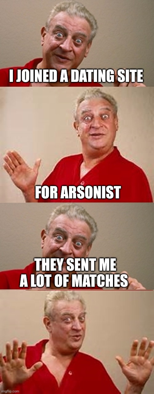 Bad Pun Rodney Dangerfield | I JOINED A DATING SITE; FOR ARSONIST; THEY SENT ME A LOT OF MATCHES | image tagged in bad pun rodney dangerfield | made w/ Imgflip meme maker