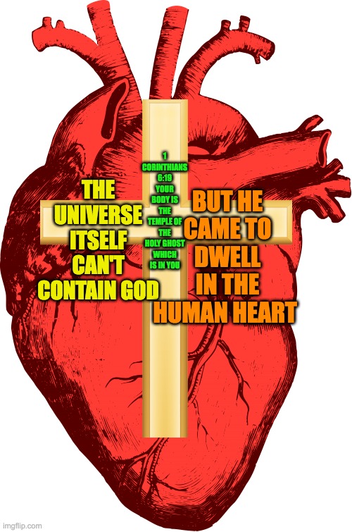 Jesus In Our Hearts |  BUT HE CAME TO DWELL IN THE HUMAN HEART; 1 CORINTHIANS 6:19 YOUR BODY IS THE TEMPLE OF THE HOLY GHOST WHICH IS IN YOU; THE UNIVERSE ITSELF CAN'T CONTAIN GOD | image tagged in jesus christ,heart,god,christianity,cross,bible | made w/ Imgflip meme maker