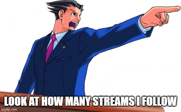 Phoenix Wright | LOOK AT HOW MANY STREAMS I FOLLOW | image tagged in phoenix wright | made w/ Imgflip meme maker