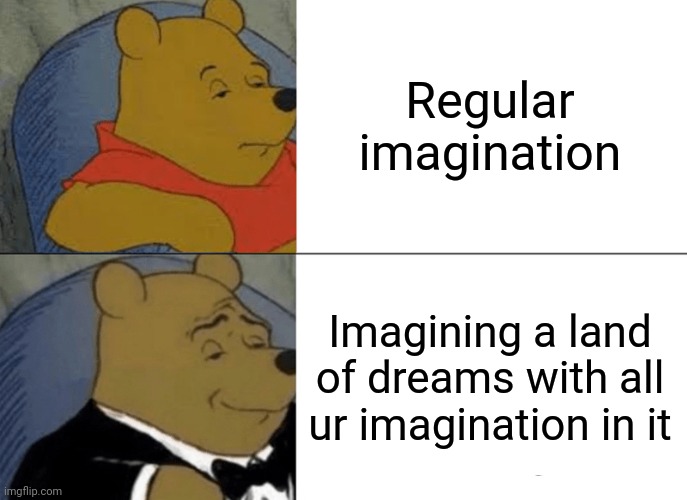 Imagination in imagination | Regular imagination; Imagining a land of dreams with all ur imagination in it | image tagged in memes,tuxedo winnie the pooh | made w/ Imgflip meme maker
