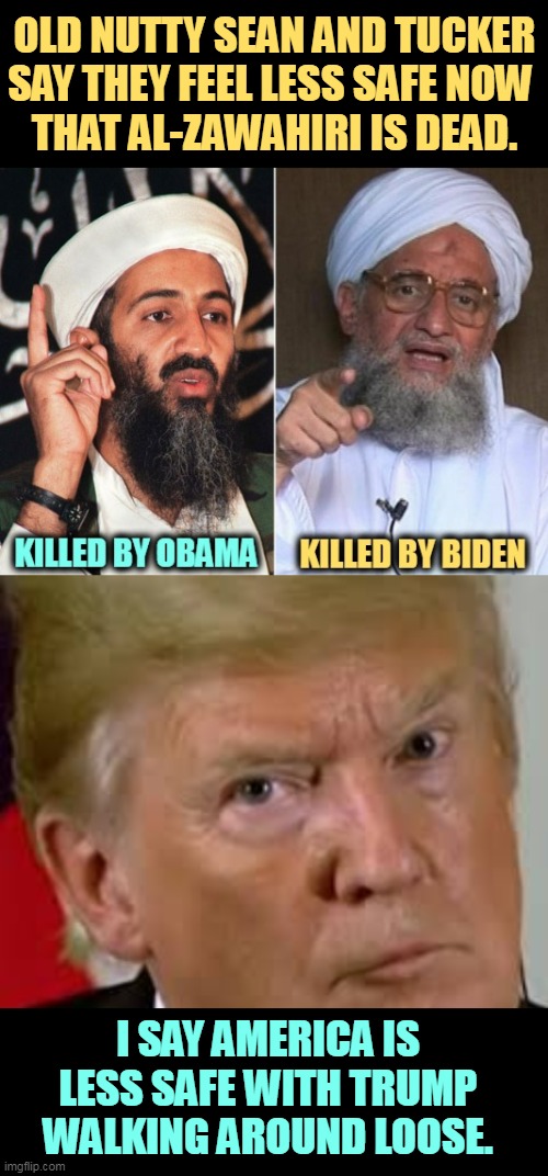 Fox News Dept. of Sour Grapes | OLD NUTTY SEAN AND TUCKER SAY THEY FEEL LESS SAFE NOW 
THAT AL-ZAWAHIRI IS DEAD. I SAY AMERICA IS LESS SAFE WITH TRUMP WALKING AROUND LOOSE. | image tagged in trump eyes dilated,islamic terrorism,right wing,terrorism | made w/ Imgflip meme maker