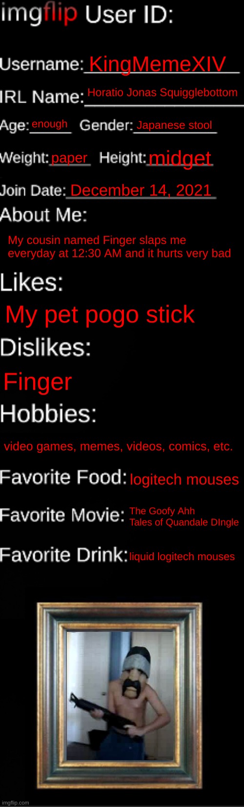 imgflip id (satire) | KingMemeXIV; Horatio Jonas Squigglebottom; enough; Japanese stool; paper; midget; December 14, 2021; My cousin named Finger slaps me everyday at 12:30 AM and it hurts very bad; My pet pogo stick; Finger; video games, memes, videos, comics, etc. logitech mouses; The Goofy Ahh Tales of Quandale DIngle; liquid logitech mouses | image tagged in imgflip id card | made w/ Imgflip meme maker