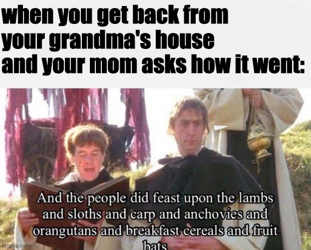 when you get back from your grandma's house and your mom asks how it went: | made w/ Imgflip meme maker