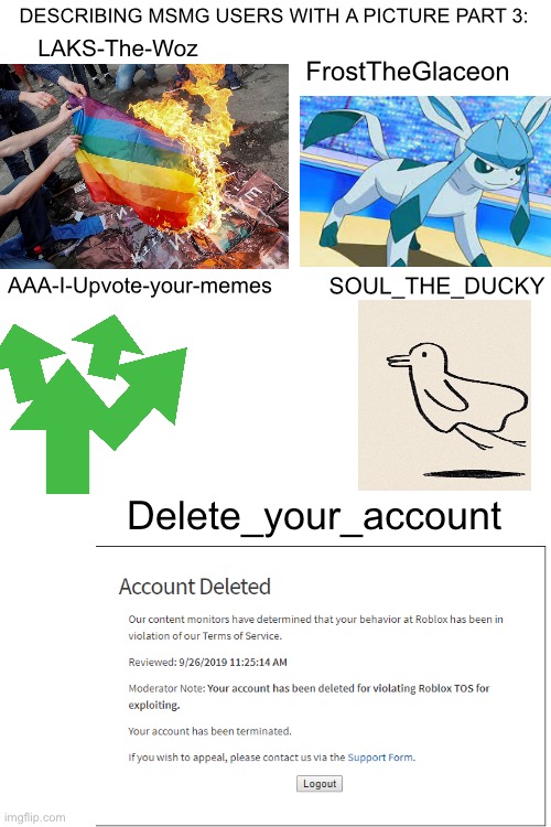 My device is low battery so gonna go offline now | DESCRIBING MSMG USERS WITH A PICTURE PART 3:; LAKS-The-Woz; FrostTheGlaceon; AAA-I-Upvote-your-memes; SOUL_THE_DUCKY; Delete_your_account | image tagged in blank white template | made w/ Imgflip meme maker