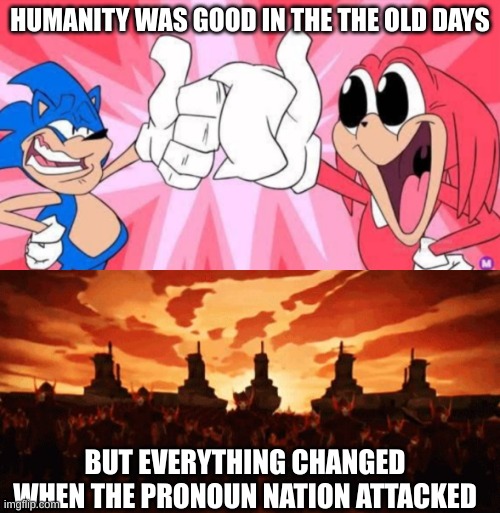 Balls | HUMANITY WAS GOOD IN THE THE OLD DAYS; BUT EVERYTHING CHANGED WHEN THE PRONOUN NATION ATTACKED | image tagged in secret histories sonic and knuckles thumbs up,but everything changed when the fire nation attacked | made w/ Imgflip meme maker