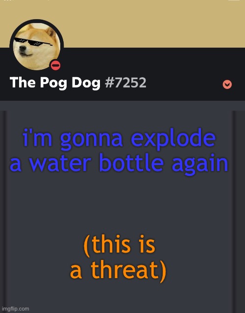 epic doggos epic discord temp | i'm gonna explode a water bottle again; (this is a threat) | image tagged in epic doggos epic discord temp | made w/ Imgflip meme maker