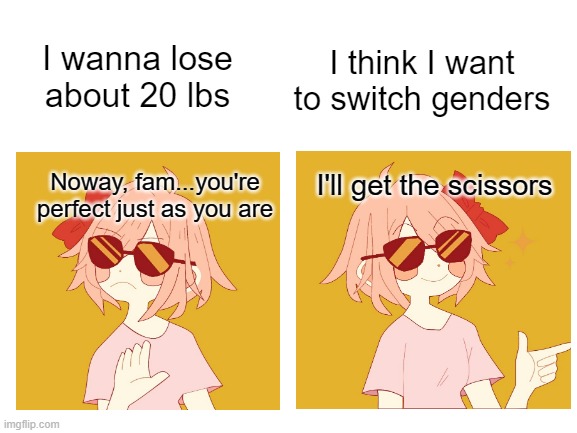 I think your "support" is a little sus | I wanna lose about 20 lbs; I think I want to switch genders; I'll get the scissors; Noway, fam...you're perfect just as you are | image tagged in blank white template | made w/ Imgflip meme maker