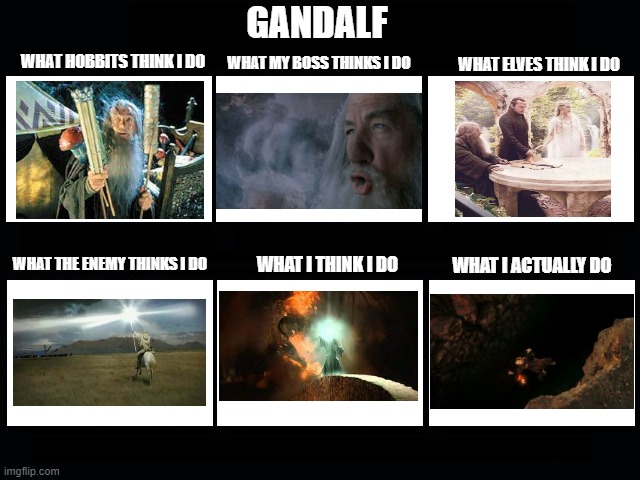 What my friends think I do | GANDALF; WHAT MY BOSS THINKS I DO; WHAT ELVES THINK I DO; WHAT HOBBITS THINK I DO; WHAT THE ENEMY THINKS I DO; WHAT I THINK I DO; WHAT I ACTUALLY DO | image tagged in what my friends think i do | made w/ Imgflip meme maker