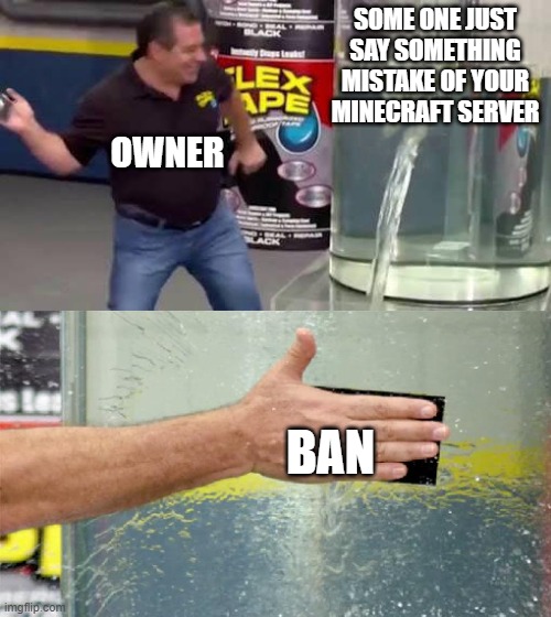 why this owner so bad | SOME ONE JUST SAY SOMETHING MISTAKE OF YOUR MINECRAFT SERVER; OWNER; BAN | image tagged in flex tape | made w/ Imgflip meme maker