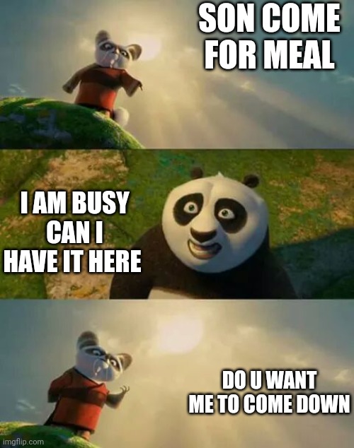 kung fu panda | SON COME FOR MEAL; I AM BUSY CAN I HAVE IT HERE; DO U WANT ME TO COME DOWN | image tagged in kung fu panda | made w/ Imgflip meme maker