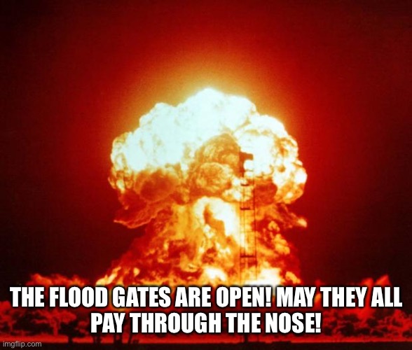 Nuke | THE FLOOD GATES ARE OPEN! MAY THEY ALL
PAY THROUGH THE NOSE! | image tagged in nuke | made w/ Imgflip meme maker