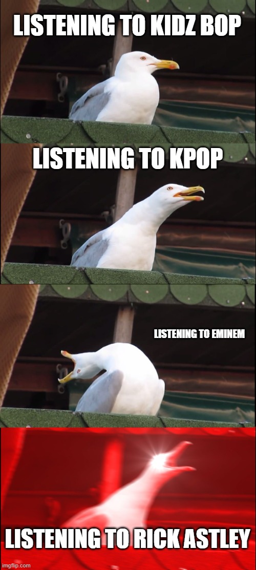 Epic people to listen to | LISTENING TO KIDZ BOP; LISTENING TO KPOP; LISTENING TO EMINEM; LISTENING TO RICK ASTLEY | image tagged in memes,inhaling seagull | made w/ Imgflip meme maker