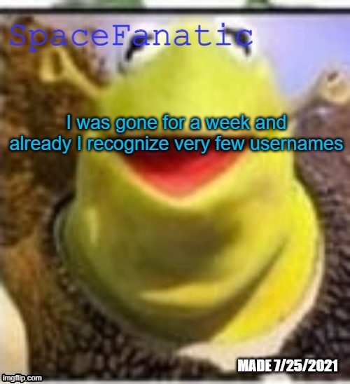 Ye Olde Announcements | I was gone for a week and already I recognize very few usernames | image tagged in spacefanatic announcement temp | made w/ Imgflip meme maker