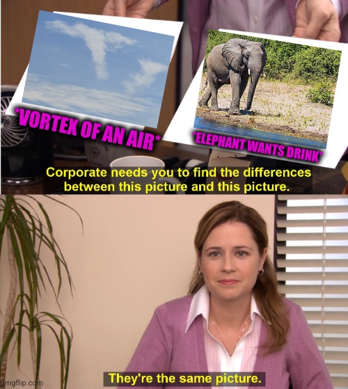 -African giant. | *VORTEX OF AN AIR*; *ELEPHANT WANTS DRINK* | image tagged in memes,they're the same picture,elephant,waterboy,drinking,totally looks like | made w/ Imgflip meme maker