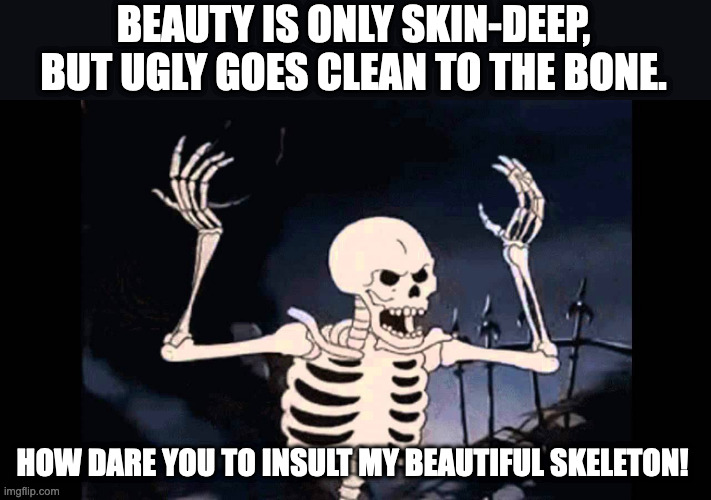 Unless you are big boned |  BEAUTY IS ONLY SKIN-DEEP, BUT UGLY GOES CLEAN TO THE BONE. HOW DARE YOU TO INSULT MY BEAUTIFUL SKELETON! | image tagged in spooky skeleton | made w/ Imgflip meme maker